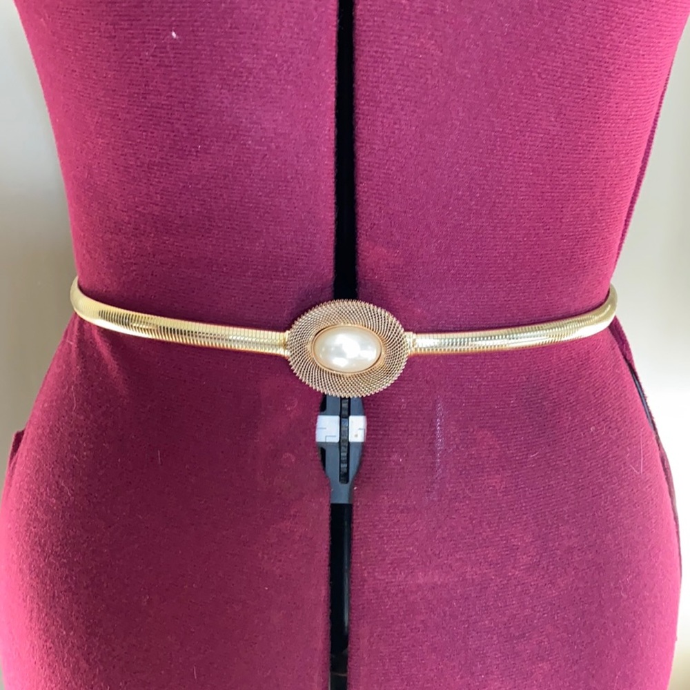 Gold Tone Metal Belt with Faux Pearl Buckle
